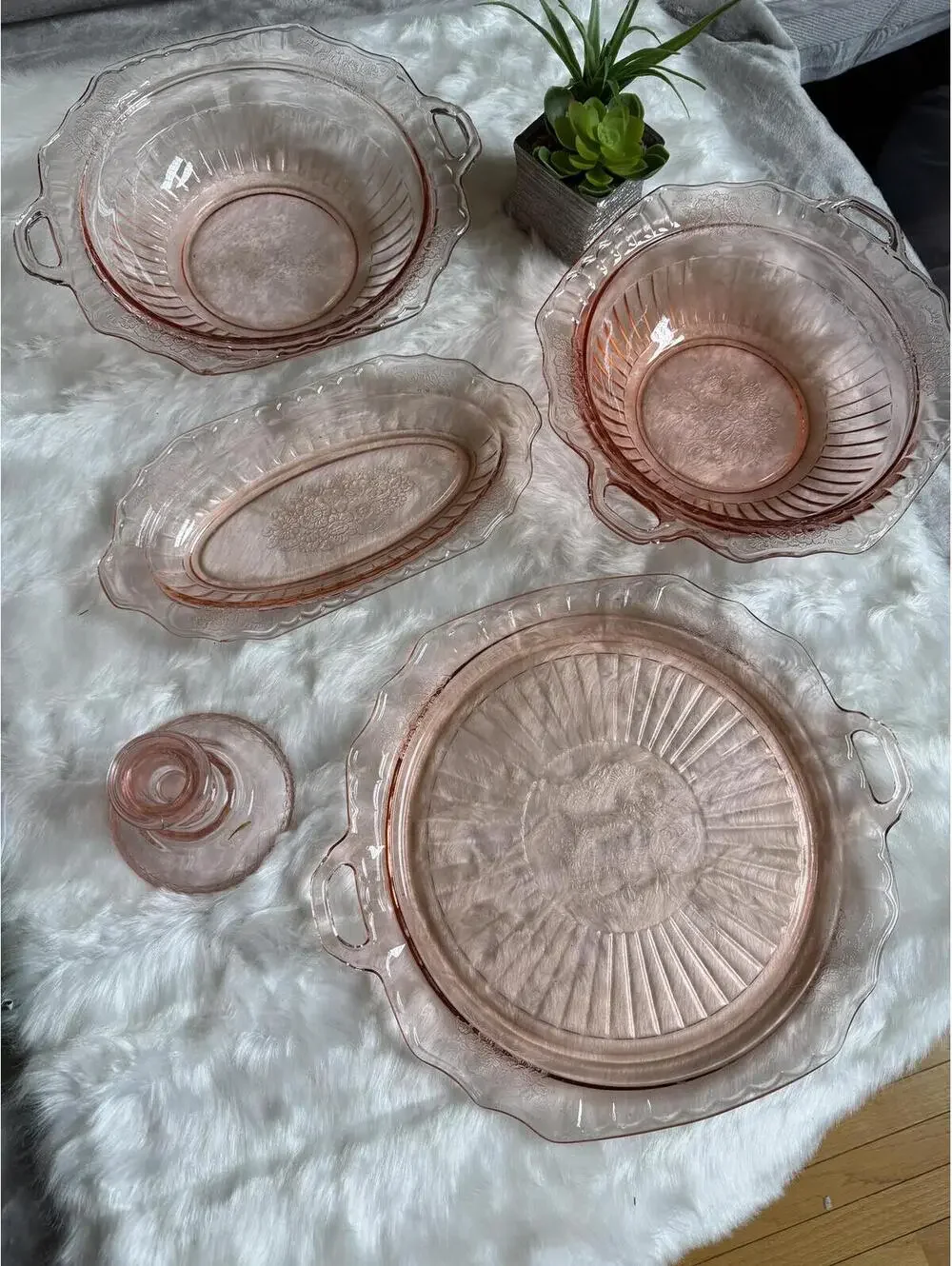 Vintage Pink Depression Glass Serving Set with Bowls, Plates, and Candle Holders